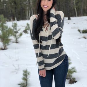 Charcoal stripe tie up sweater